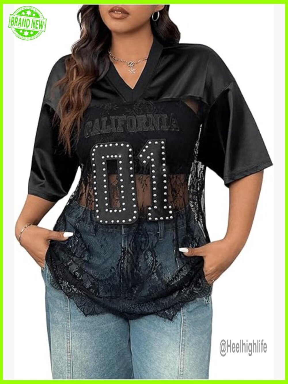 Plus Size Mesh Lace V-Neck Tee, Oversized Fit, Sheer Jersey Top